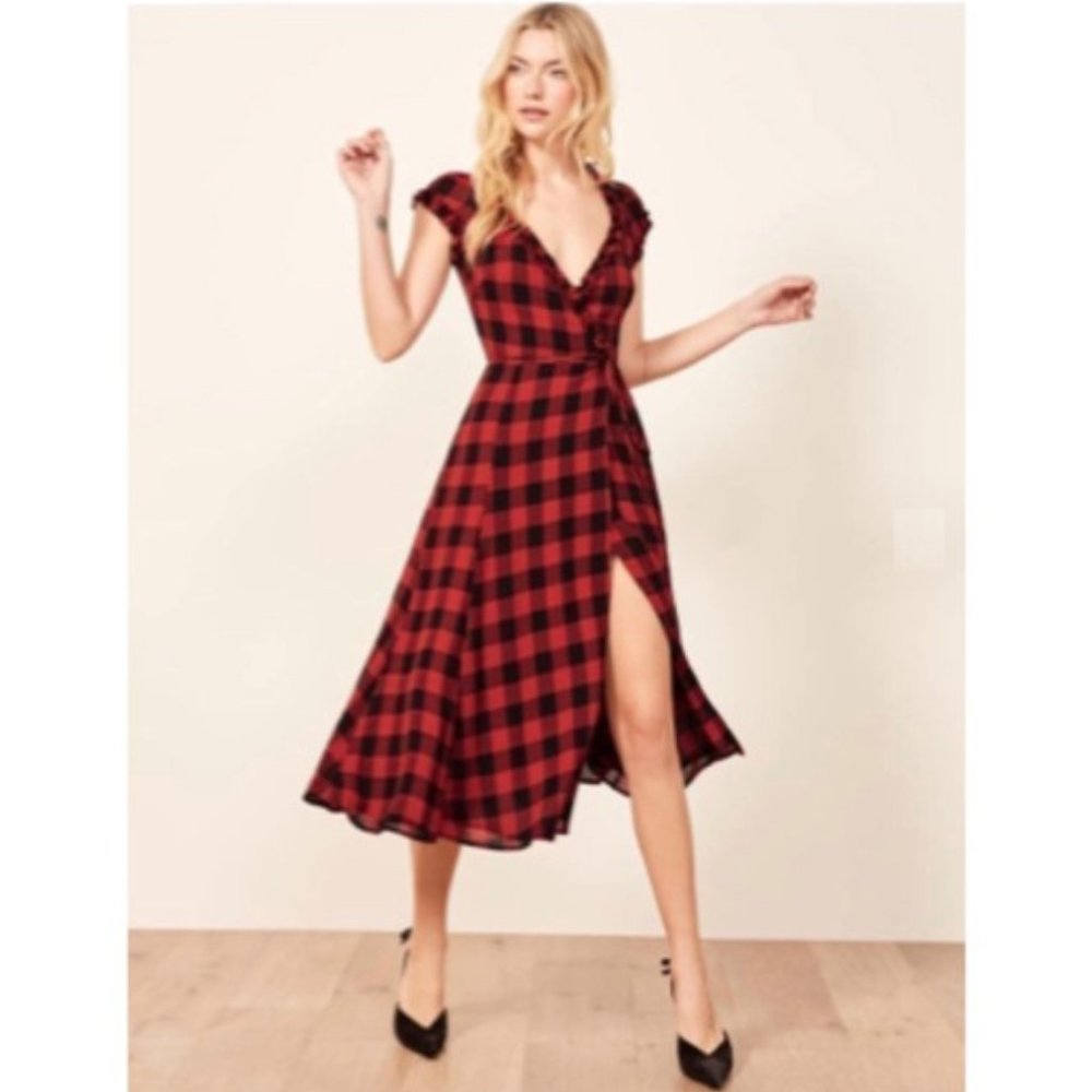 Reformation Gwyneth Red Plaid Wrap Dress - Size XS